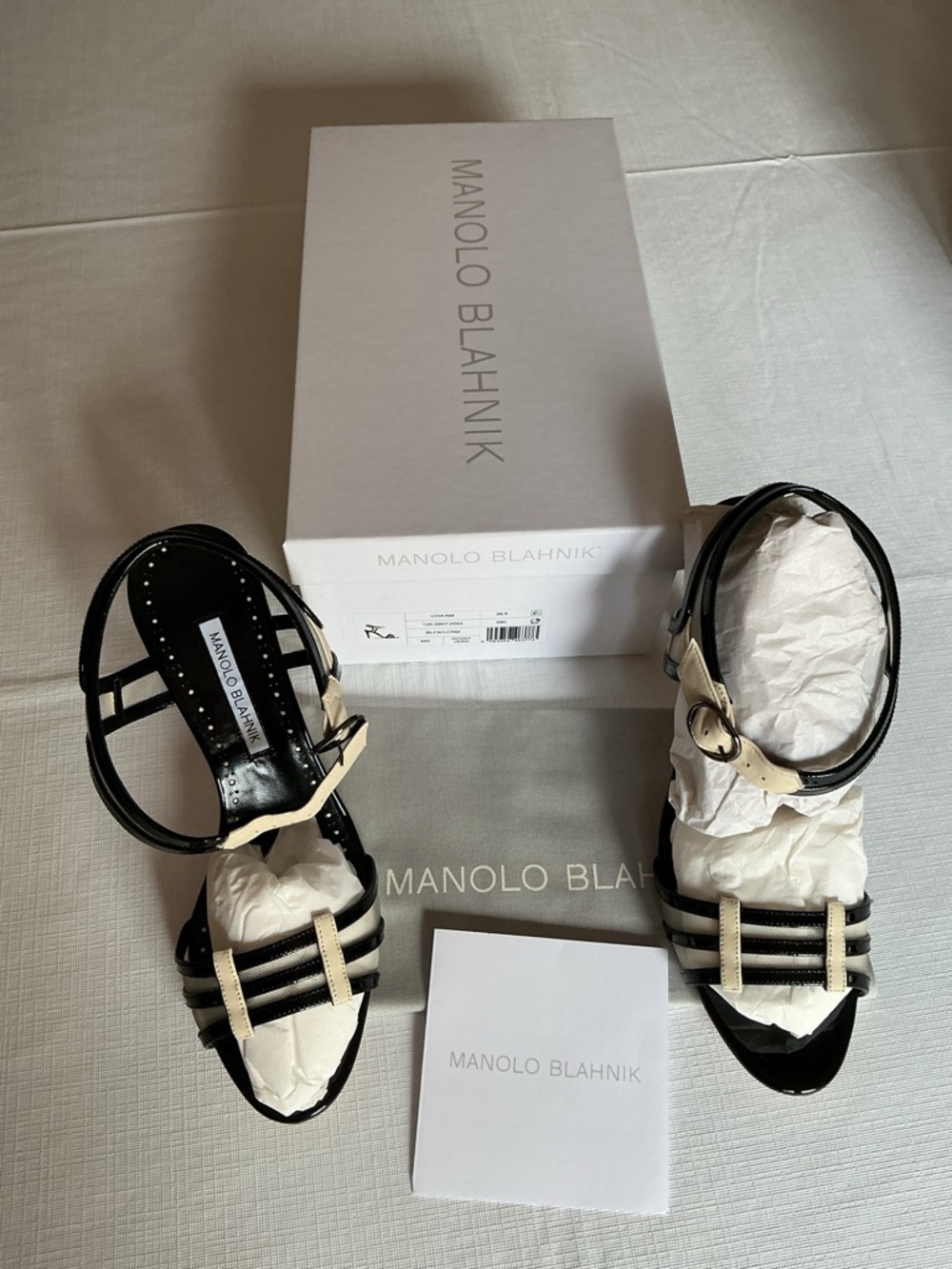 Manolo Blahnik CHA’AM Black and Beige Strappy Patent Leather Heels. NIB - Picture 3 of 5